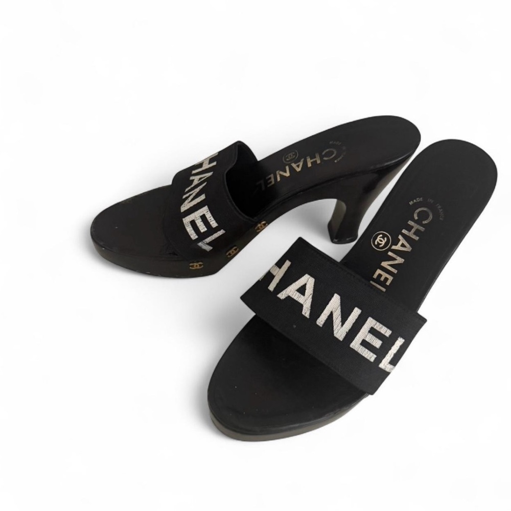 CHANEL Black Canvas Logo Mule Sandals